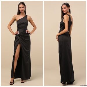 NWOT Lulu’s Dreaming of Elegance Black Satin Maxi Dress $89 Formal XL